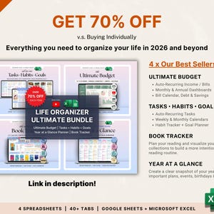 May include: An advertisement for a Life Organizer Ultimate Bundle, with a 70% discount. The bundle includes spreadsheets for budgeting, tasks, habits, goals, and book tracking. The image features four best-selling digital planners with various features and a link to the product description.