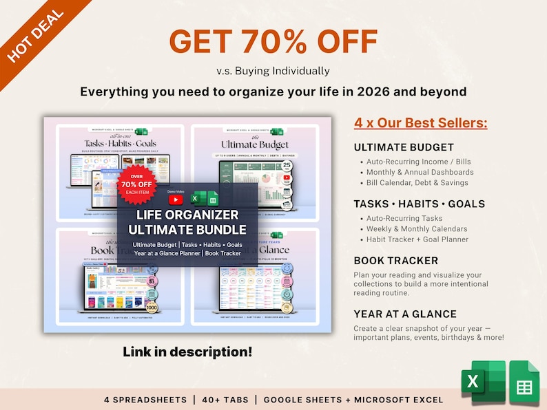 May include: An advertisement for a Life Organizer Ultimate Bundle, with a 70% discount. The bundle includes spreadsheets for budgeting, tasks, habits, goals, and book tracking. The image features four best-selling digital planners with various features and a link to the product description.