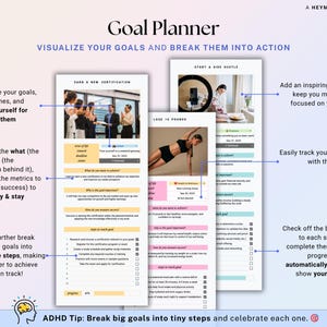 May include: A digital goal planner with the title "Goal Planner" and the text "Visualize Your Goals and Break Them Into Action." The planner includes sections for setting goals, tracking progress, and breaking down goals into actionable steps.