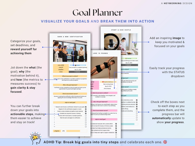 May include: A digital goal planner with the title "Goal Planner" and the text "Visualize Your Goals and Break Them Into Action." The planner includes sections for setting goals, tracking progress, and breaking down goals into actionable steps.