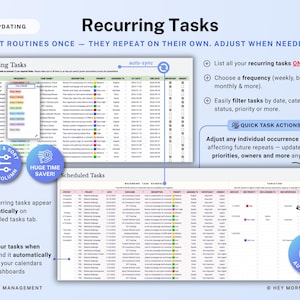 Op de afbeelding: Een digitale afbeelding met een projectmanagementsysteem met de titel "Recurring Tasks". De afbeelding benadrukt functies zoals automatisch updaten, filteren en snelle taakacties. Tekst bevat "Stel routines eenmaal in - ze herhalen zichzelf."