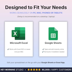 May include: An informational graphic titled Designed to Fit Your Needs, stating it works on PC, Mac, phones, or tablets. It features Microsoft Excel and Google Sheets logos with text detailing compatibility with Excel 2021 or newer and Google Sheets.