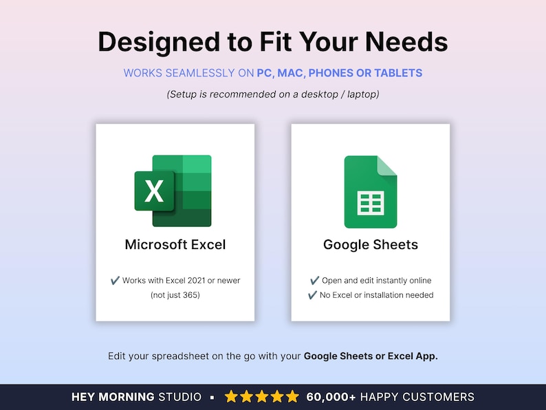 May include: An informational graphic titled Designed to Fit Your Needs, stating it works on PC, Mac, phones, or tablets. It features Microsoft Excel and Google Sheets logos with text detailing compatibility with Excel 2021 or newer and Google Sheets.