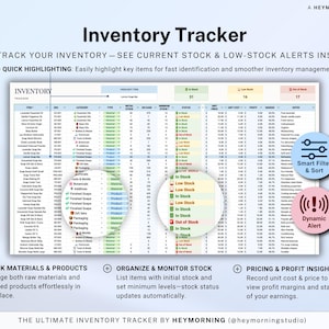 May include: An inventory tracker with a spreadsheet layout, featuring columns for item details, stock levels, and pricing. Includes options for smart filtering, dynamic alerts, and tracking materials and products. The text "Inventory Tracker" is at the top.
