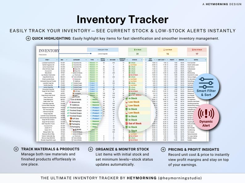 May include: An inventory tracker with a spreadsheet layout, featuring columns for item details, stock levels, and pricing. Includes options for smart filtering, dynamic alerts, and tracking materials and products. The text "Inventory Tracker" is at the top.