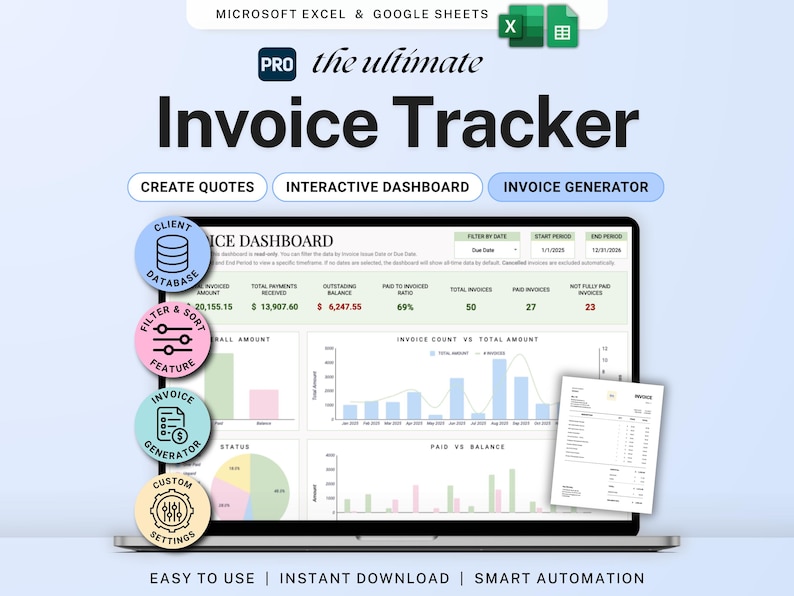 Invoice Tracker Google Sheets Excel Invoice Generator Spreadsheet Small Business Billing Payment Tracker Client Invoice Manager Invoicing image 1