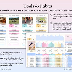 May include: A digital planner with the text "Goals & Habits" and the tagline "Visualize your goals, build habits and stay consistent every day." The planner includes sections for tracking goals, habits, and daily progress with charts and progress bars.