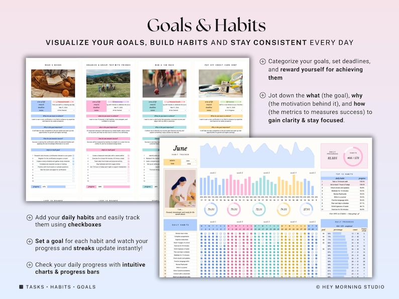 May include: A digital planner with the text "Goals & Habits" and the tagline "Visualize your goals, build habits and stay consistent every day." The planner includes sections for tracking goals, habits, and daily progress with charts and progress bars.