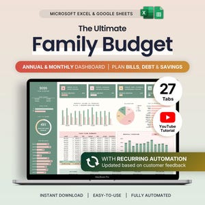 May include: A digital family budget spreadsheet for Microsoft Excel and Google Sheets displayed on a laptop screen. The interface features sage green and soft pink charts, graphs, and tables for tracking annual and monthly bills, debt, and savings.