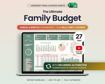 Op de afbeelding: Een digitaal familiebudget-spreadsheet voor Microsoft Excel en Google Sheets op een laptopscherm. De interface bevat saliegroene en zachtroze grafieken en tabellen voor het bijhouden van jaarlijkse en maandelijkse rekeningen, schulden en spaargeld.