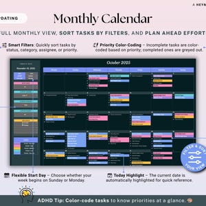 May include: Digital monthly calendar with color-coded tasks for October 2025. Features include smart filters, flexible start day, and today's date highlighted. The calendar is designed to help users sort tasks and plan ahead effortlessly.