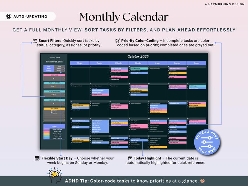May include: Digital monthly calendar with color-coded tasks for October 2025. Features include smart filters, flexible start day, and today's date highlighted. The calendar is designed to help users sort tasks and plan ahead effortlessly.