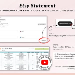 May include: A screenshot of a computer screen showing a tutorial on how to download and use a spreadsheet to organize Etsy sales data. The tutorial includes a video and instructions on how to download your Etsy CSV data and paste it into the spreadsheet. The spreadsheet is designed to automatically extract and calculate data, saving you time and ensuring accuracy.