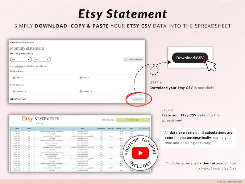 May include: A screenshot of a computer screen showing a tutorial on how to download and use a spreadsheet to organize Etsy sales data. The tutorial includes a video and instructions on how to download your Etsy CSV data and paste it into the spreadsheet. The spreadsheet is designed to automatically extract and calculate data, saving you time and ensuring accuracy.