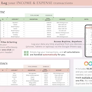 May include: A screenshot of a spreadsheet with a green header that says "Income" and a green header that says "Expenses". The spreadsheet is used to track income and expenses. The spreadsheet has columns for date, ID, category, description, total amount, account, and notes. The spreadsheet is designed to be used with Google Sheets.