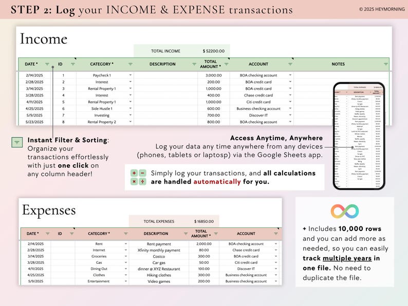 May include: A screenshot of a spreadsheet with a green header that says "Income" and a green header that says "Expenses". The spreadsheet is used to track income and expenses. The spreadsheet has columns for date, ID, category, description, total amount, account, and notes. The spreadsheet is designed to be used with Google Sheets.