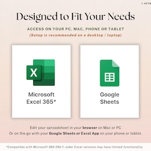 May include: A digital product advertisement with the text "Designed to Fit Your Needs." It features the Microsoft Excel and Google Sheets logos. The text also mentions access on PC, Mac, phone, or tablet.