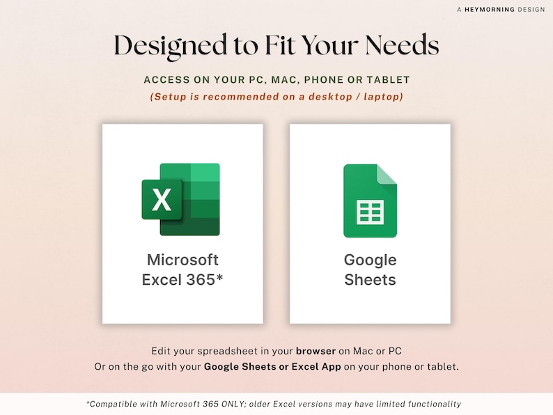 May include: A digital product advertisement with the text "Designed to Fit Your Needs." It features the Microsoft Excel and Google Sheets logos. The text also mentions access on PC, Mac, phone, or tablet.