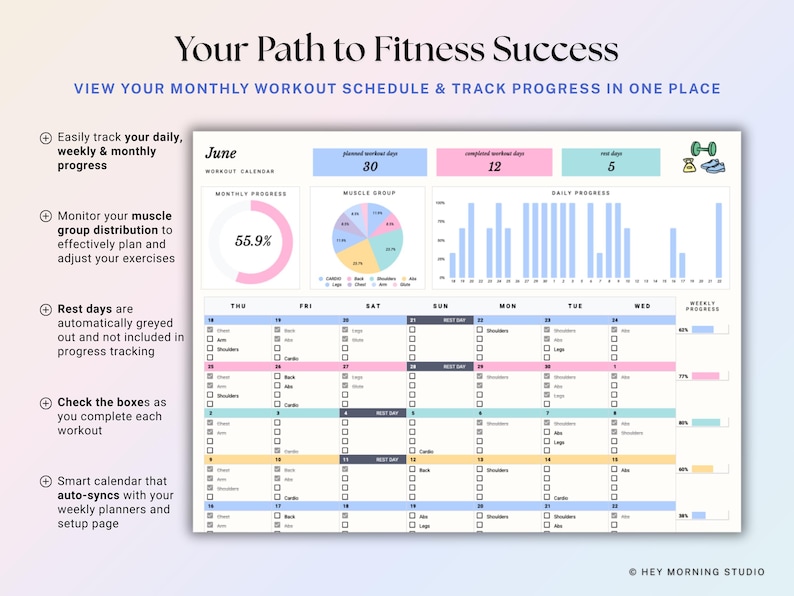 Workout Planner Google Sheets Excel Exercise Tracker Spreadsheet Fitness Planner Gym Checklist Weightlifting Training Calendar Pilates image 5