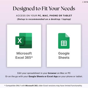 Może przedstawiać: Obraz z tekstem "Designed to Fit Your Needs" i ikonami dla Microsoft Excel 365 i Google Sheets. Tekst wskazuje na dostęp na PC, Mac, telefonie lub tablecie. Konfiguracja jest zalecana na komputerze stacjonarnym lub laptopie.