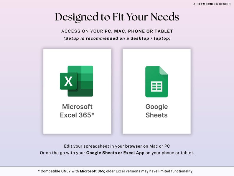 Może przedstawiać: Obraz z tekstem "Designed to Fit Your Needs" i ikonami dla Microsoft Excel 365 i Google Sheets. Tekst wskazuje na dostęp na PC, Mac, telefonie lub tablecie. Konfiguracja jest zalecana na komputerze stacjonarnym lub laptopie.