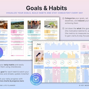 May include: A digital planner with the title "Goals & Habits" and the text "Visualize your goals, build habits and stay consistent every day." The planner includes charts, checklists, and a vision board, with the text "All-in-one life planner."