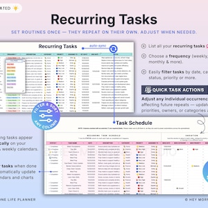 May include: A digital planner interface with the title "Recurring Tasks" and the text "Set Routines Once - They Repeat on Their Own." Features include task lists, filtering options, and a task schedule. The planner is fully automated.