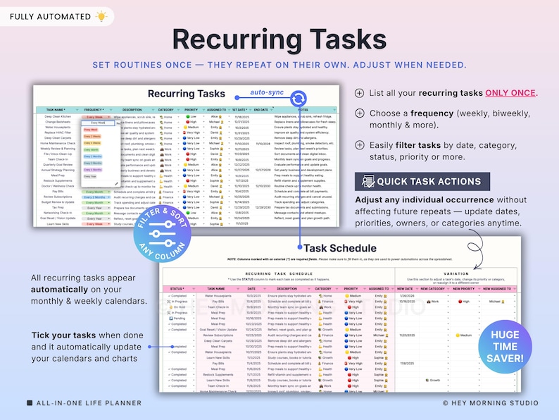 May include: A digital planner interface with the title "Recurring Tasks" and the text "Set Routines Once - They Repeat on Their Own." Features include task lists, filtering options, and a task schedule. The planner is fully automated.