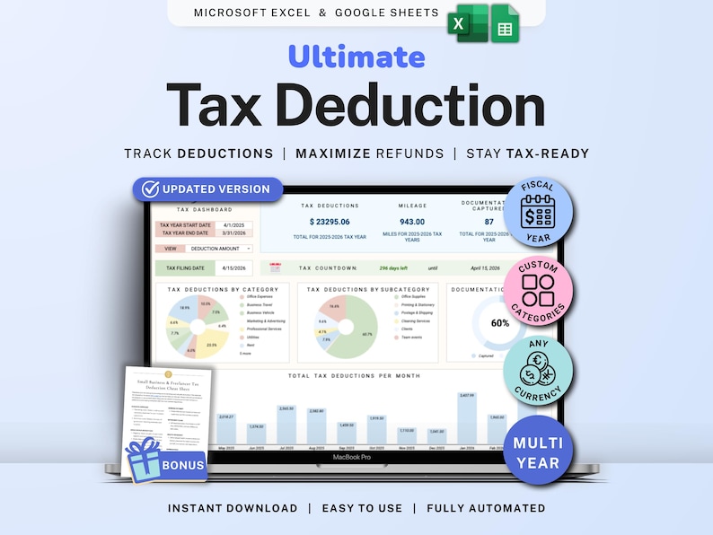 Rastreador de deducciones fiscales Hojas de cálculo de Google Hoja de cálculo de impuestos para autónomos Plantilla de preparación de impuestos para pequeñas empresas y autónomos Rastreador de gastos detallados 1099 imagen 1