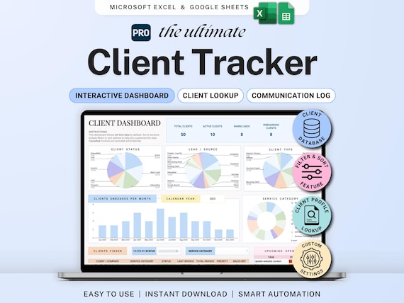 Client Tracker Google Sheets Excel CRM Client Manager Template Small Business Lead Management Spreadsheet Task Tracker Communication Log