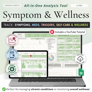 Symptoom- en welzijnstracker Spreadsheet Correlatie chronische symptomen Google Spreadsheets Fysiek Geestelijk gezondheidsdagboek Medicatie Triggertracker