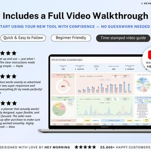 May include: A laptop screen displaying an inventory dashboard with charts and graphs. The screen shows data visualizations, including bar graphs and pie charts. The image includes the text "Includes a Full Video Walkthrough" and a YouTube icon.