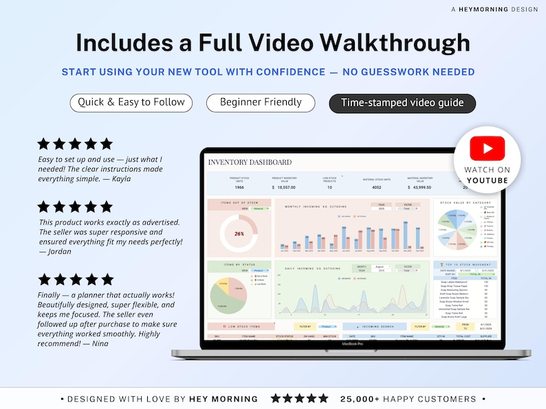 May include: A laptop screen displaying an inventory dashboard with charts and graphs. The screen shows data visualizations, including bar graphs and pie charts. The image includes the text "Includes a Full Video Walkthrough" and a YouTube icon.