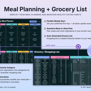 以下が含まれることがあります： 「Meal Planning + Grocery List」のテキストが入った、デジタルミールプランナーと買い物リスト。プランナーには、週ごとのミールプランナーと自動生成された買い物リストが含まれています。