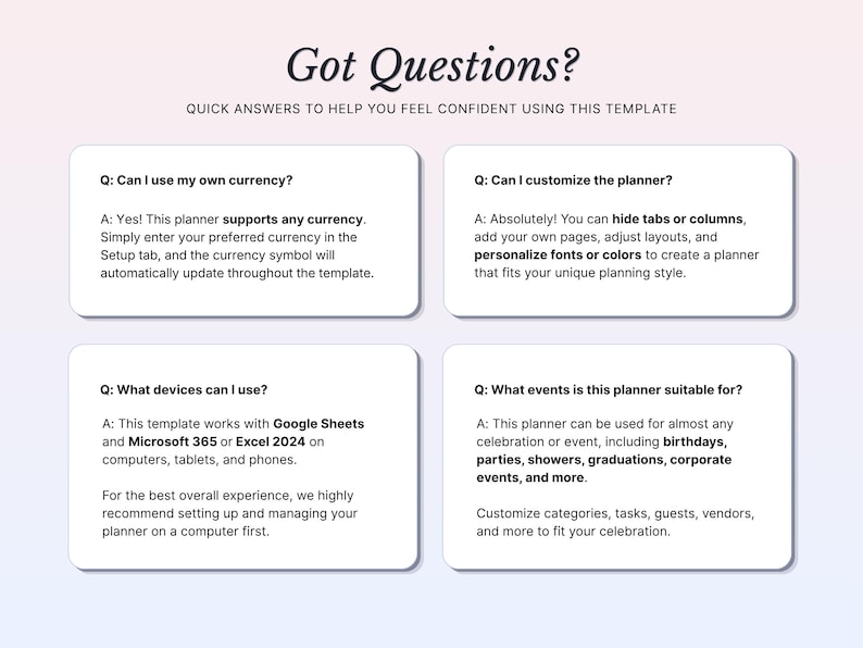 Pode incluir: Um gr&aacute;fico informativo intitulado Got Questions? com quatro caixas retangulares brancas contendo perguntas frequentes sobre um modelo de planejador digital. O texto aborda a personaliza&ccedil;&atilde;o de moeda, do planejador, compatibilidade de dispositivos e uso.