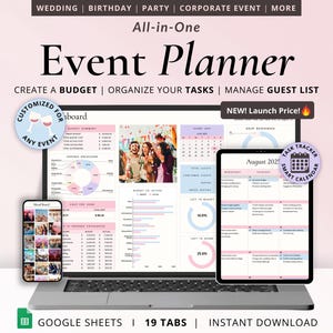 Foglio di calcolo per la pianificazione di eventi, per la pianificazione di feste, baby shower, eventi aziendali, fogli di calcolo Google, organizzatore, budget, fornitore, intrattenimento, lista degli ospiti