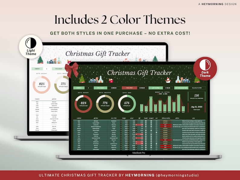 May include: Two laptops displaying a Christmas Gift Tracker with light and dark color themes. The text includes "Includes 2 Color Themes" and "Get Both Styles in One Purchase - No Extra Cost!" The design includes charts and graphs.