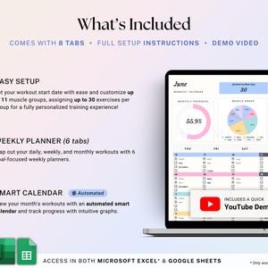 Workout Planner Google Sheets Excel Exercise Tracker Spreadsheet Fitness Planner Gym Checklist Weightlifting Training Calendar Pilates image 2