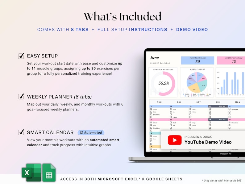 Workout Planner Google Sheets Excel Exercise Tracker Spreadsheet Fitness Planner Gym Checklist Weightlifting Training Calendar Pilates image 2