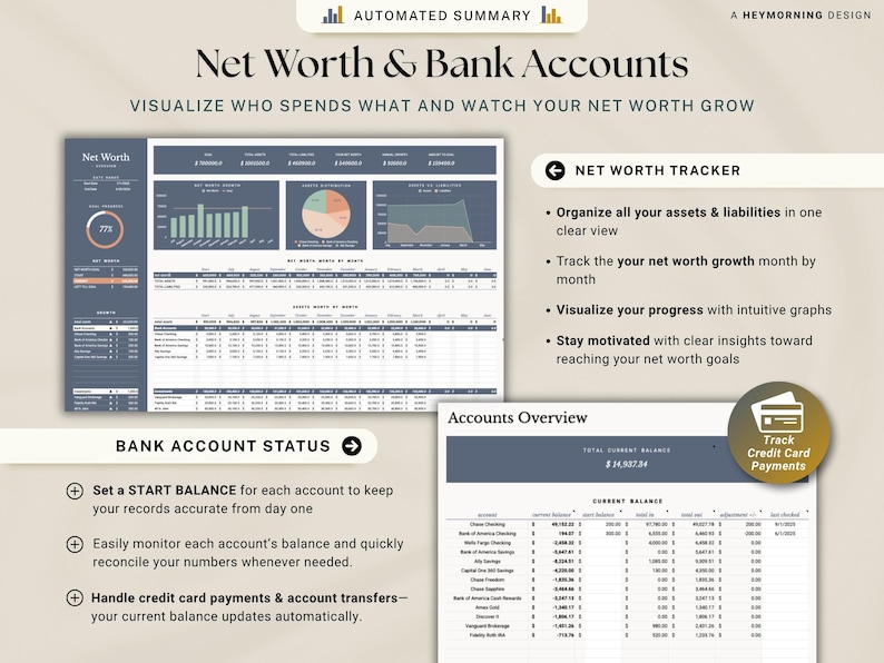 May include: A digital financial dashboard titled "Net Worth & Bank Accounts" with charts and tables. The dashboard visualizes spending and net worth growth. Features include a net worth tracker, bank account status, and accounts overview. The text includes "Automated Summary" and "Track Credit Card Payments."