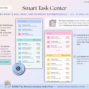 May include: Digital task management app interface with a clean, modern design. The app displays tasks due today, tomorrow, and next week. Features include instant overview, today's focus, and overdue alerts. The app is fully automated.