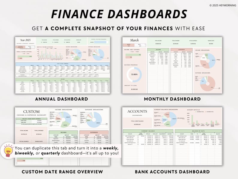 May include: Four printable finance dashboard templates with pastel green, pink, and blue colors. The dashboards are titled "Annual Dashboard", "Monthly Dashboard", "Custom Date Range Overview", and "Bank Accounts Dashboard".