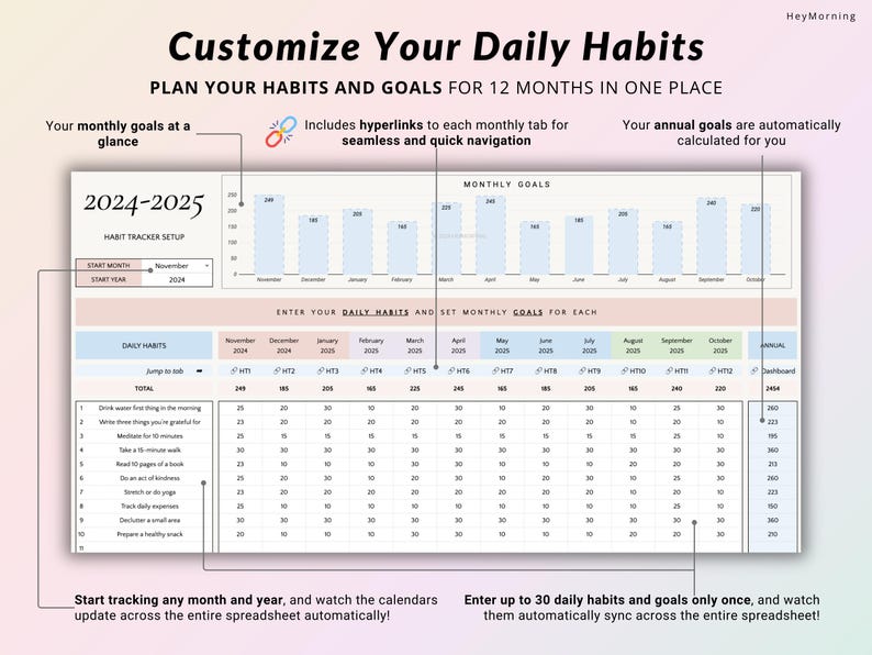 May include: A printable habit tracker spreadsheet with a pink and blue color scheme. The spreadsheet includes a section for daily habits, monthly goals, and annual goals. The spreadsheet is designed to help users track their progress towards their goals over a 12-month period. The text on the spreadsheet reads "Customize Your Daily Habits", "Plan Your Habits and Goals for 12 Months in One Place", "2024-2025", "Habit Tracker Setup", "Start Month", "Start Year", "Daily Habits", "Monthly Goals", "Enter Your Daily Habits and Set Monthly Goals for Each", "Jump to tab", "Total", "Drink water first thing in the morning", "Write three things you're grateful for", "Meditate for 10 minutes", "Take a 10-minute walk", "Read 10 pages of a book", "Do an act of kindness", "Stretch daily", "Track expenses", "Declutter one area", "Prepare a healthy snack", "Regularly move your body", "Start tracking any month and year, and watch the calendars update across the entire spreadsheet automatically!", "Enter up to 30 daily habits and goals only once, and watch them automatically sync across the entire spreadsheet!"