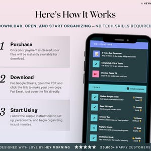 May include: A smartphone displays a task management app with a teal and white interface. The screen shows a list of tasks, including due dates and progress. Text at the top reads "Here's How It Works" with steps to download and start organizing.