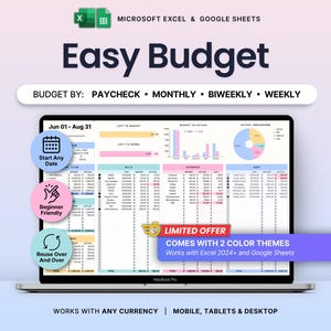 May include: A digital budget spreadsheet template for Microsoft Excel and Google Sheets displayed on a laptop screen. The interface features sections for cash flow, bills, expenses, and debt, with charts, tables, and text reading Easy Budget.