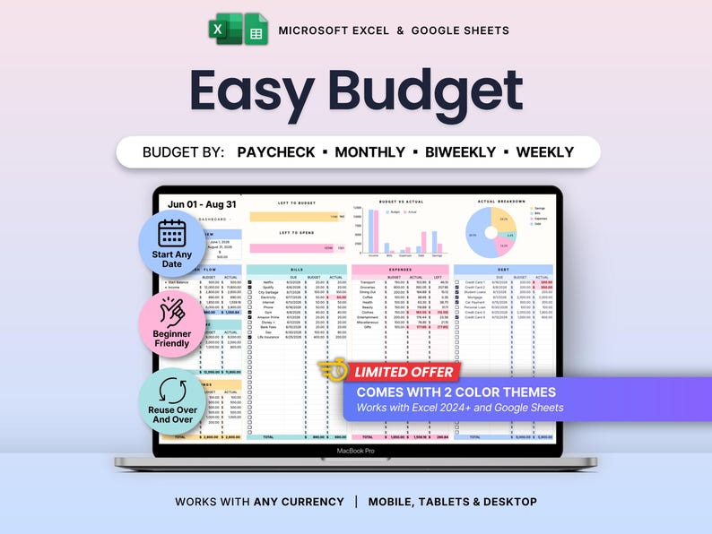 May include: A digital budget spreadsheet template for Microsoft Excel and Google Sheets displayed on a laptop screen. The interface features sections for cash flow, bills, expenses, and debt, with charts, tables, and text reading Easy Budget.