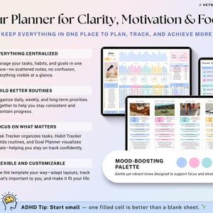 May include: Digital planner with a clean, colorful design. The image shows three tablets displaying planner layouts with charts, calendars, and task lists. Text on the image reads "Your Planner for Clarity, Motivation & Focus."
