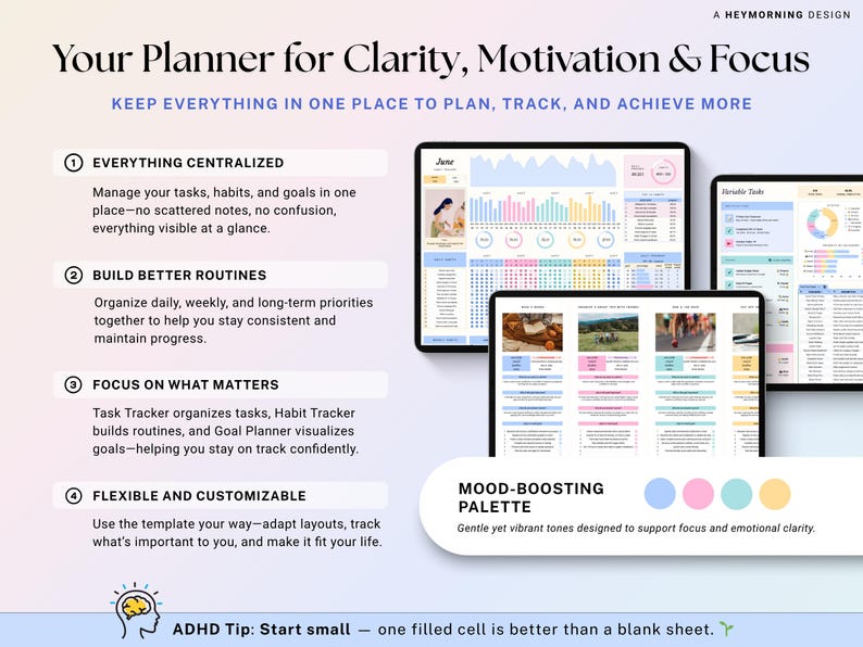 May include: Digital planner with a clean, colorful design. The image shows three tablets displaying planner layouts with charts, calendars, and task lists. Text on the image reads "Your Planner for Clarity, Motivation & Focus."
