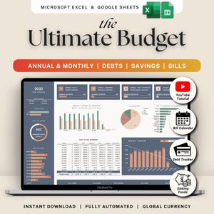 Puede incluir: Una pantalla de portátil muestra una hoja de cálculo titulada "the Ultimate Budget", con gráficos para la planificación financiera. El diseño incluye secciones para presupuestos anuales y mensuales, deudas, ahorros y facturas. Los iconos enlazan a un tutorial de YouTube, un calendario de facturas, un rastreador de deudas y fondos de amortización.