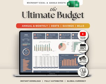 Presupuesto anual definitivo, Hojas de cálculo de Google, Plantilla de presupuesto de Excel, Hoja de cálculo de presupuesto mensual, Calendario de facturas, Rastreador de ahorros de deuda, Planificador financiero